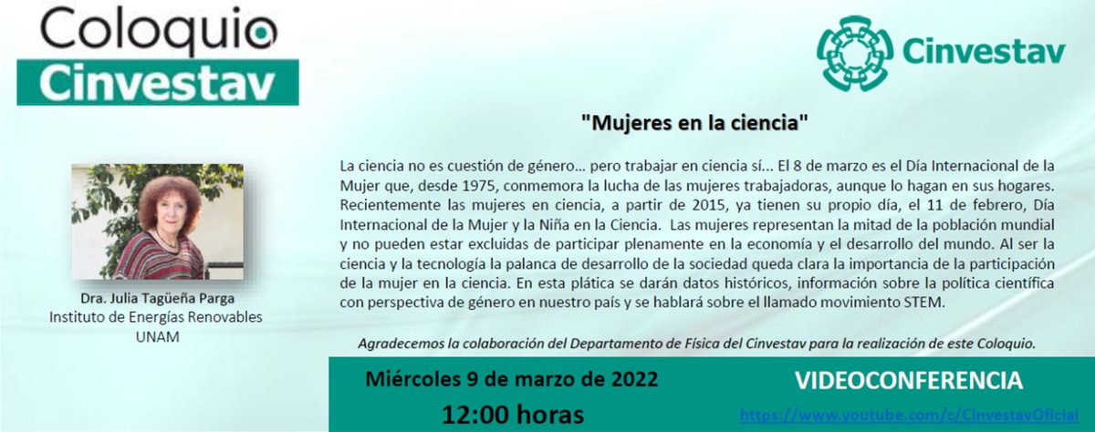 Conisoft2020's tweet photo. Los invitamos a participar en el Coloquio Cinvestav con la temática de "Mujeres en la Ciencia".
Transmisión en vivo a través de:
https://t.co/tobkHWFxQA
No se lo pueden perder!!
#redmis #MujeresEnLaCiencia https://t.co/HpIKSv1gps