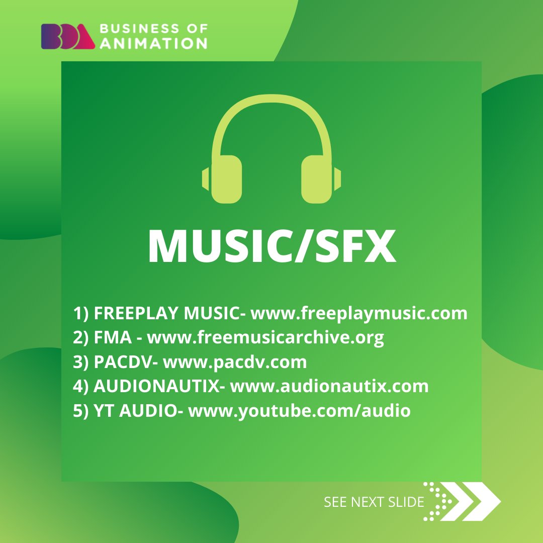 animationbiz's tweet image. 2. MUSIC/SFX
FREEPLAY MUSIC- freeplaymusic.com
FMA - freemusicarchive.org
PACDV- pacdv.com
AUDIONAUTIX- audionautix.com
YT AUDIO- youtube.com/audio
#AnimationTutorial #AnimationTutorials #BusinessOfanimation #3DAnimator #2DAnimator