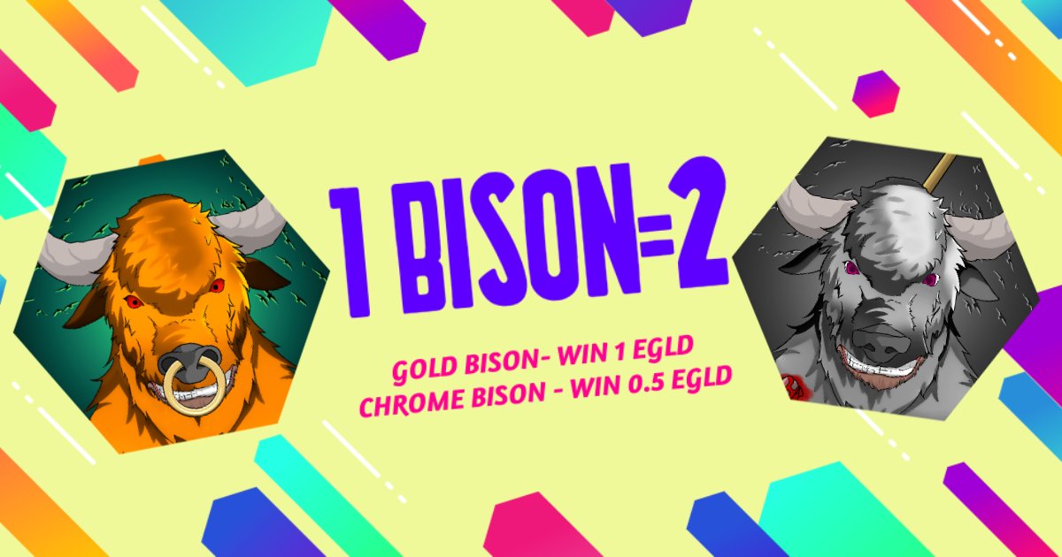 CarpathianBison's tweet photo. Until midnight we need more bison to catch some air!✈️
For every minted #bison you get one FREE. Mint price 0.25 #EGLD
Also 🚀 #NFTGiveaway 🚀
2 WINNERS 
1 @CarpathianBears 
1 @CarpathianLupus 
FOLLOW, RT, Tag 3 WILD PALS
6⏰
Link: https://t.co/sSGamYBDMF
#ElrondCommunity #NFT https://t.co/xOxsoNFIxs