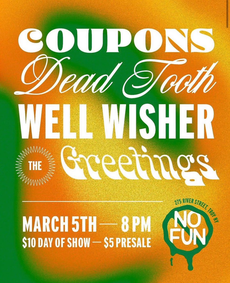 TONIGHT <a href="/TheGreetingsNY/">The Greetings</a> are playing with <a href="/coupons_ALB/">couponsy scheme</a> down at <a href="/nofuntroy/">nofuntroy</a>!!!!!! Get to the gig!!!!