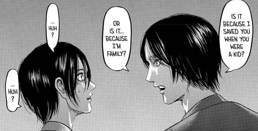 farmer_kun's tweet photo. I can't imagine Eren asking Mikasa what is he to her and confirming her vague answer by asking his brother will be in the same episode🔥 https://t.co/Y5H2Evfr3b
