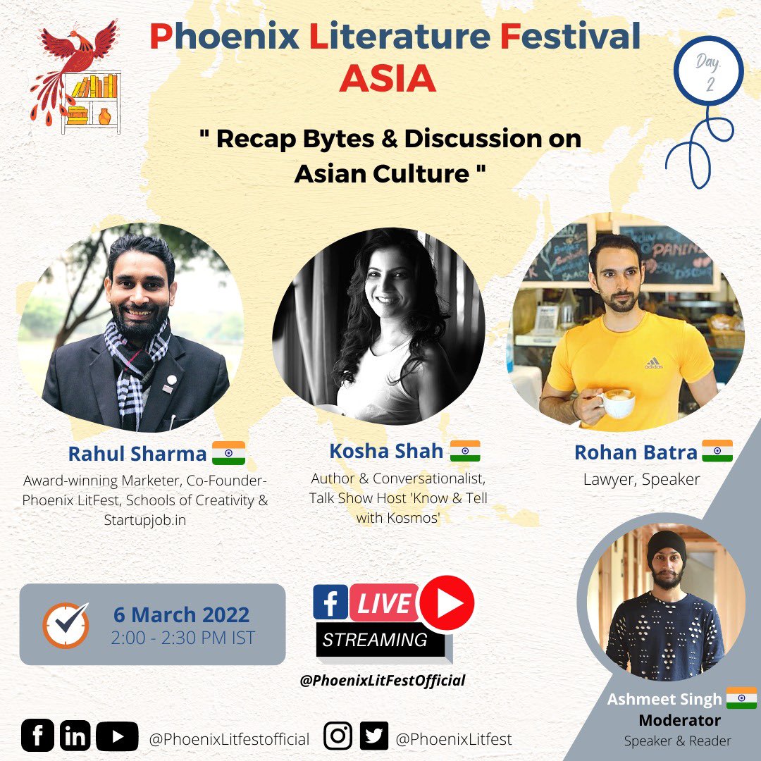 PhoenixLitfest's tweet photo. Day 2 of PLF Asia

D2S1

The 4th Edition of Phoenix Literature Festival 
D2S1: Recap Bytes &amp; Discussion on Asian Culture
Panelists: @TruelyR , Kosha Shah &amp; Rohan Batra 
Moderator: Ashmeet Singh

#PLFAsia #PLFTalks #AsianEvent #AsianLitFest #PhoenixLitFest https://t.co/75Y3KbpFMN