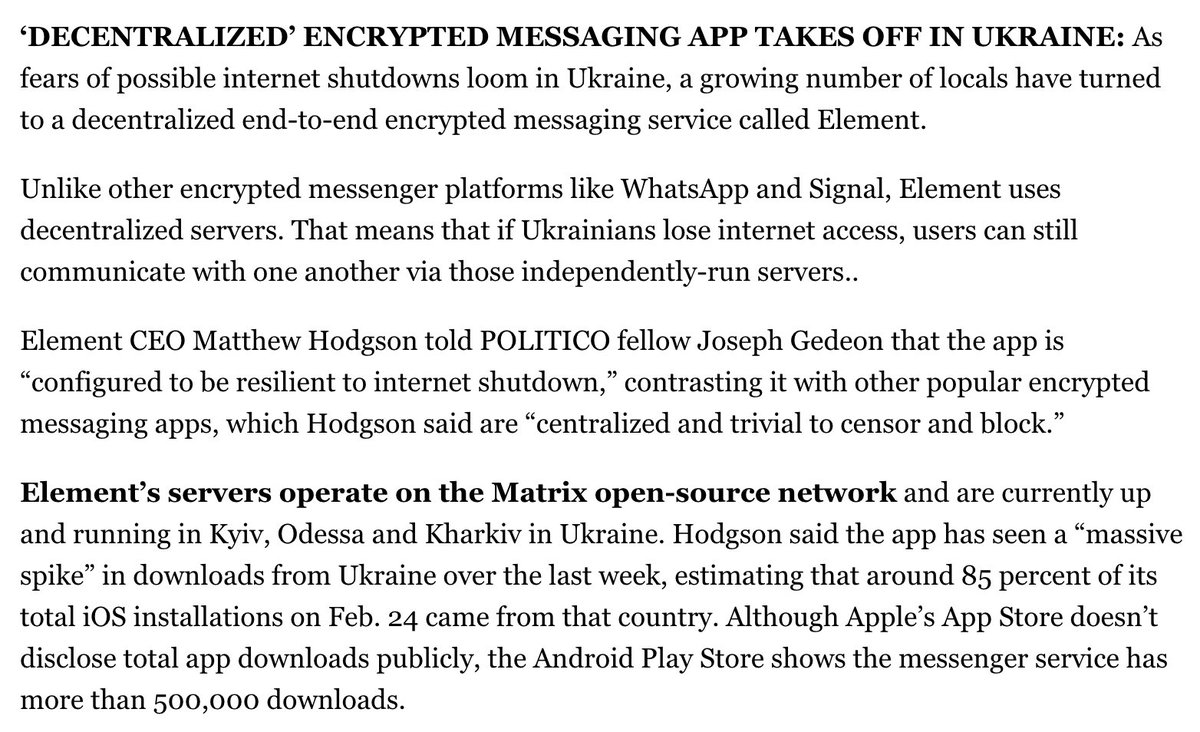 Matrix is seeing significant uptake in Ukraine 🇺🇦, as covered by <a href="/politico/">POLITICO</a> on Thursday: politico.com/newsletters/mo…. Huge kudos to <a href="/CenoBrowser/">Ceno Browser</a> for providing local deployments to allow secure comms even if connectivity to the wider internet is disrupted.
