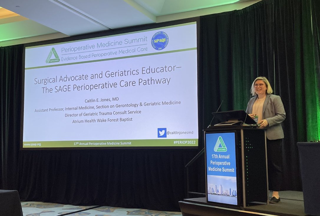 caitlinjonesmd's tweet photo. So honored to have had the privilege to present an oral abstract at #Periop2022! 

Looking forward to another exciting day with all my new friends with @SPAQIedu! 

#frailty #perioperativemedicine #delirium #physicalfunction #thisisgeriatrics #prehabilitation https://t.co/JD6SAuWy6g