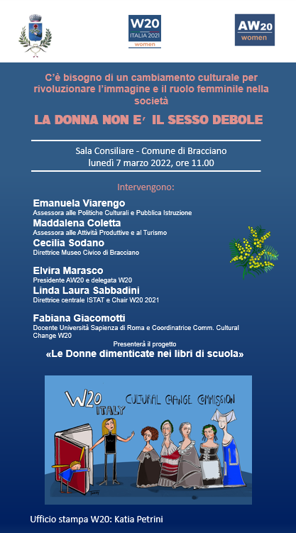 W20Women's tweet photo. 8 MARZO: LUNEDÍ A BRACCIANO INIZIATIVA WOMEN20 CON LINDA LAURA SABBADINI, FABIANA GIACOMOTTI ED ELVIRA MARASCO
Lunedì 7/3 ore 11, Sala consiliare del Comune con le esponenti della giunta comunale Emanuela Viarengo, Maddalena Coletta e la Direttrice del museo civico Cecilia Sodano https://t.co/aHwPY7VjML