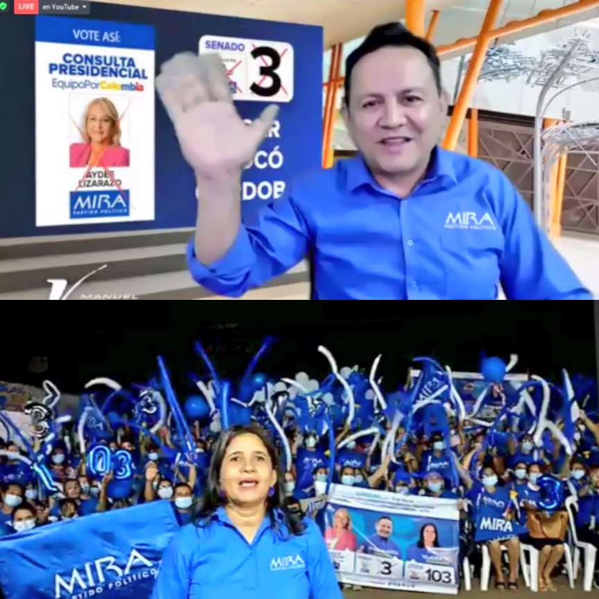 PartidoMIRA's tweet photo. Galería de cierre: Campaña en Plaza Pública Virtual - Chocó, Córdoba y Cesar. 🇨🇴

Nuestros candidatos a Cámara, Senado y Presidencia compartieron sus propuestas con líderes y simpatizantes.

@aydeelizarazoc @Virguez @jupamor @CLAUDETHN @lorenapineda1 https://t.co/HzLpypWnqQ