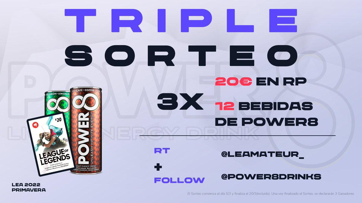 LEAmateur_'s tweet photo. 🎁SORTEO🎁

Nuestros amigos de @Power8Drinks nos traen este sorteo de 60€ en RP y 36 latas de Power 8 repartidos entre 3 afortunados, requisitos:

👥Seguir a @Power8Drinks 
👥Seguir a @LEAmateur_ 
🔁RT a este tweet

El sorteo acaba el día 20⌛ https://t.co/SmmA2EoEFG