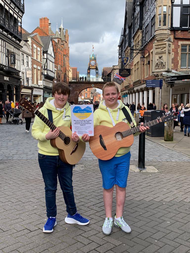 MaxieMo0Moo's tweet photo. @LowdenGuitars @edsheeran We are so proud of Max and Adam, two Chester school boys who busked today and raised over £1,000 from generous shoppers for @decappeal well done boys, you are inspirational. #UkraineAppeal🇺🇦 https://t.co/8I8VpQCJ1r