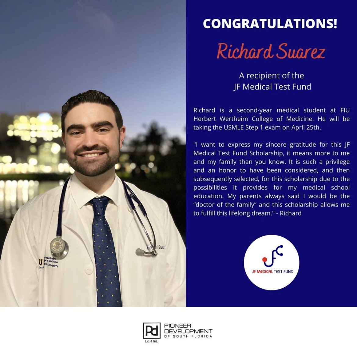 jfmedtestfund's tweet photo. Happy Saturday and Congratulations to Richard Suarez! 🎉 Second year medical student ready to accomplish his goals one exam at a time! Wishing you nothing but the best this April. @FIUMedicine #USMLE #NBME #medtwitter #boardexams2022 https://t.co/1fz79B8qSS