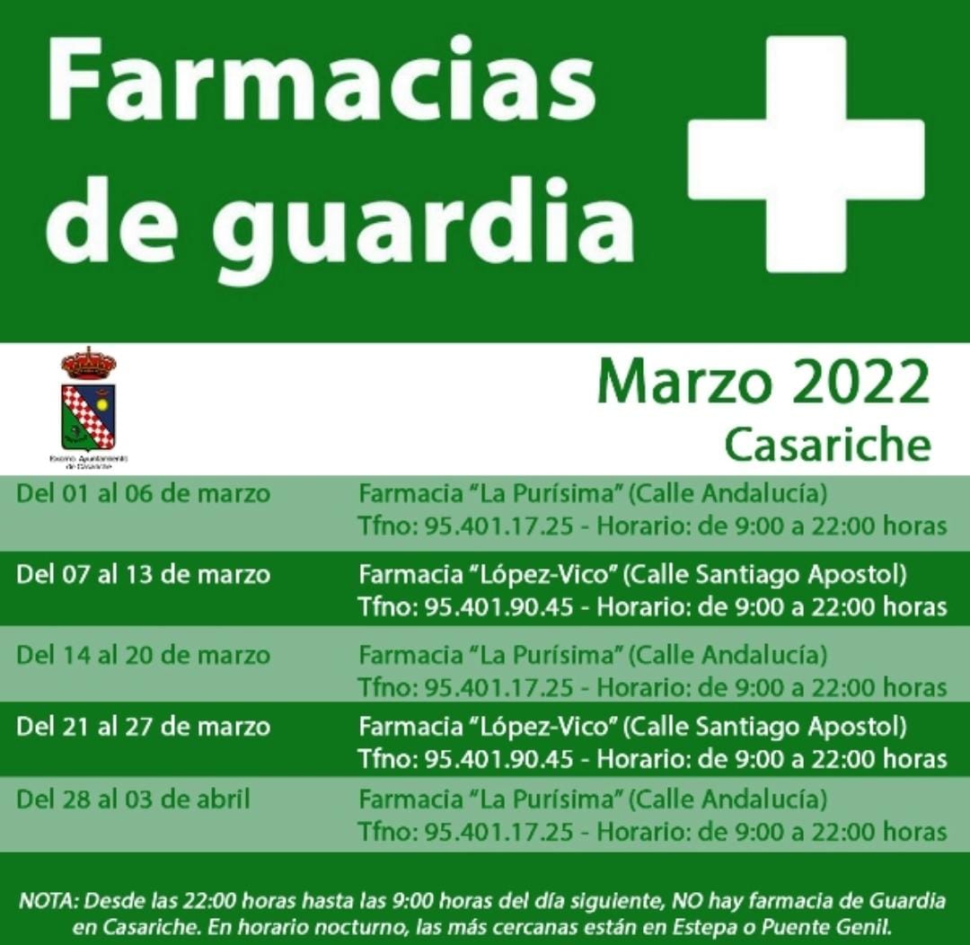 #ProteccionCivil de #Casariche informa de las Guardias que tenemos en nuestras ✅  farmacias durante este mes de Marzo.
