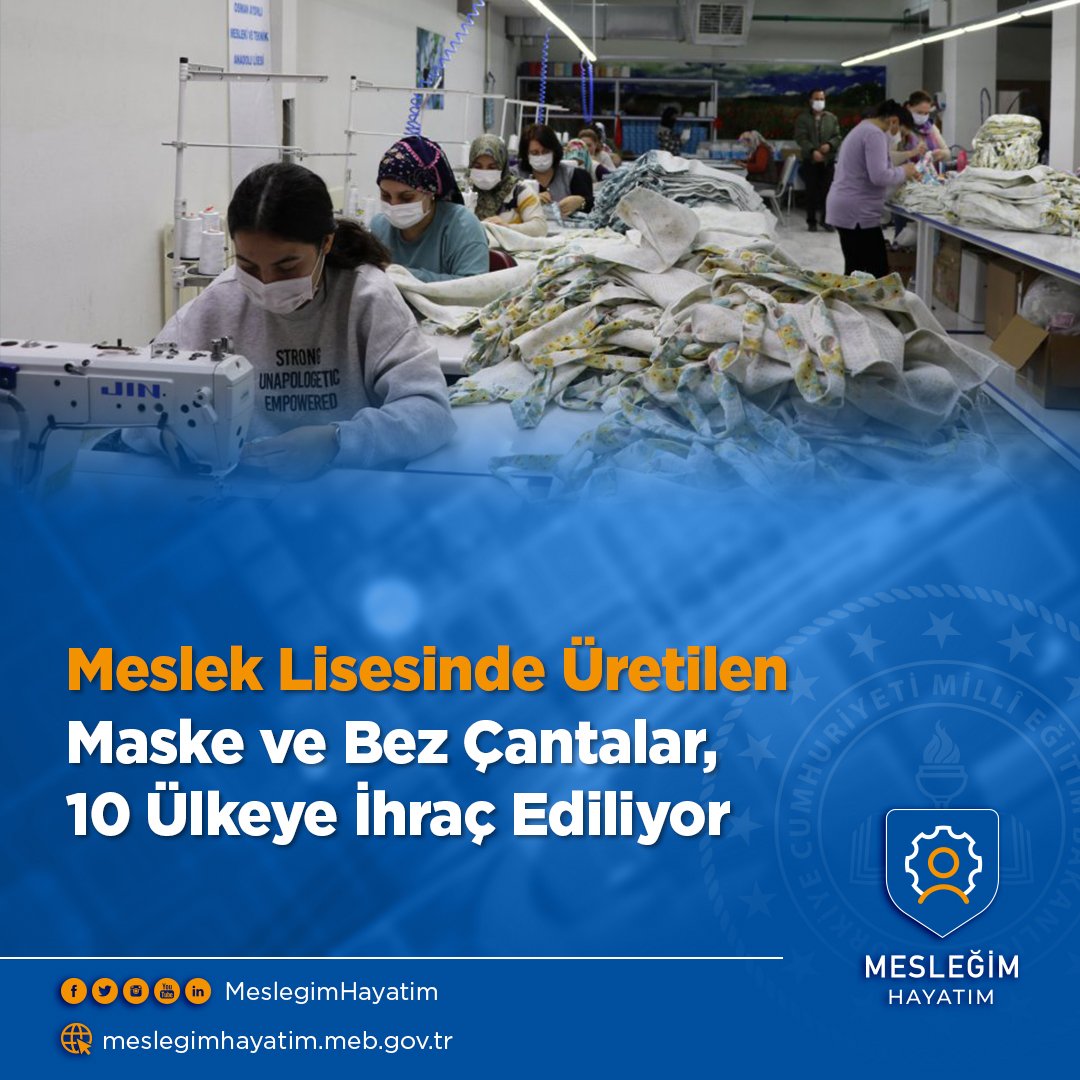 tcmeb_mtegm's tweet photo. #MesleğimHayatım | 📰

Denizli Osman Aydınlı Mesleki ve Teknik Anadolu Lisesinde kurulan tekstil atölyesinde üretilen medikal maske ve bez çantalar, ihracatçı firmalar aracılığıyla yaklaşık 10 ülkeye gönderiliyor.

Tebrik ederiz. 👏🏻👏🏻

👉🏻https://t.co/dD0puATIU2 https://t.co/6tGnkFwLej