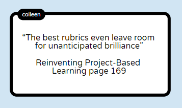 ColleenFReeves's tweet photo. Q18: Co-creating flexible rubrics with students helps create buy-in and choice. Share a memory where you saw yourself/students in the rubric, or any time where you made a project your own in a way that your instructor wasn’t anticipating. How did it make you feel? #edtechchatwsuv https://t.co/v2VRFxbwIJ