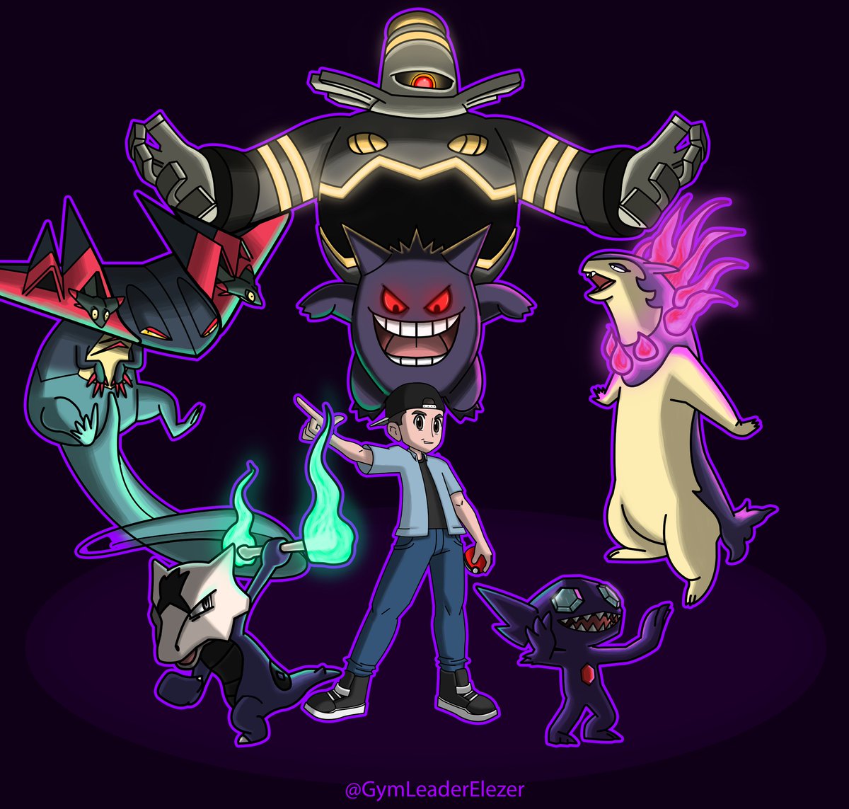 gymleaderelezer's tweet photo. Andy and his parade of Ghost-type Pokémon! Would you challenge him, Trainers?

#gengar #dusknoir #sableye #alolanmarowak #marowak #hisuityphlosion #typhlosion #dragapult #pokemonart #pokemon #pokemongo #alolaform #hisuifo https://t.co/ksrdEYcJYz