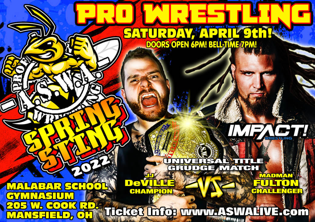 ASWAslam's tweet photo. April 9th in Mansfield: JJ DeVille puts his ASWA Universal Championship on the line against Impact Wrestling superstar @FultonWorld!
https://t.co/L4LQO5YKPk
#ASWA #ASWALive #ImpactWrestling #ImpactonAXSTV #UniversalChampionship https://t.co/yWCiFKozEV