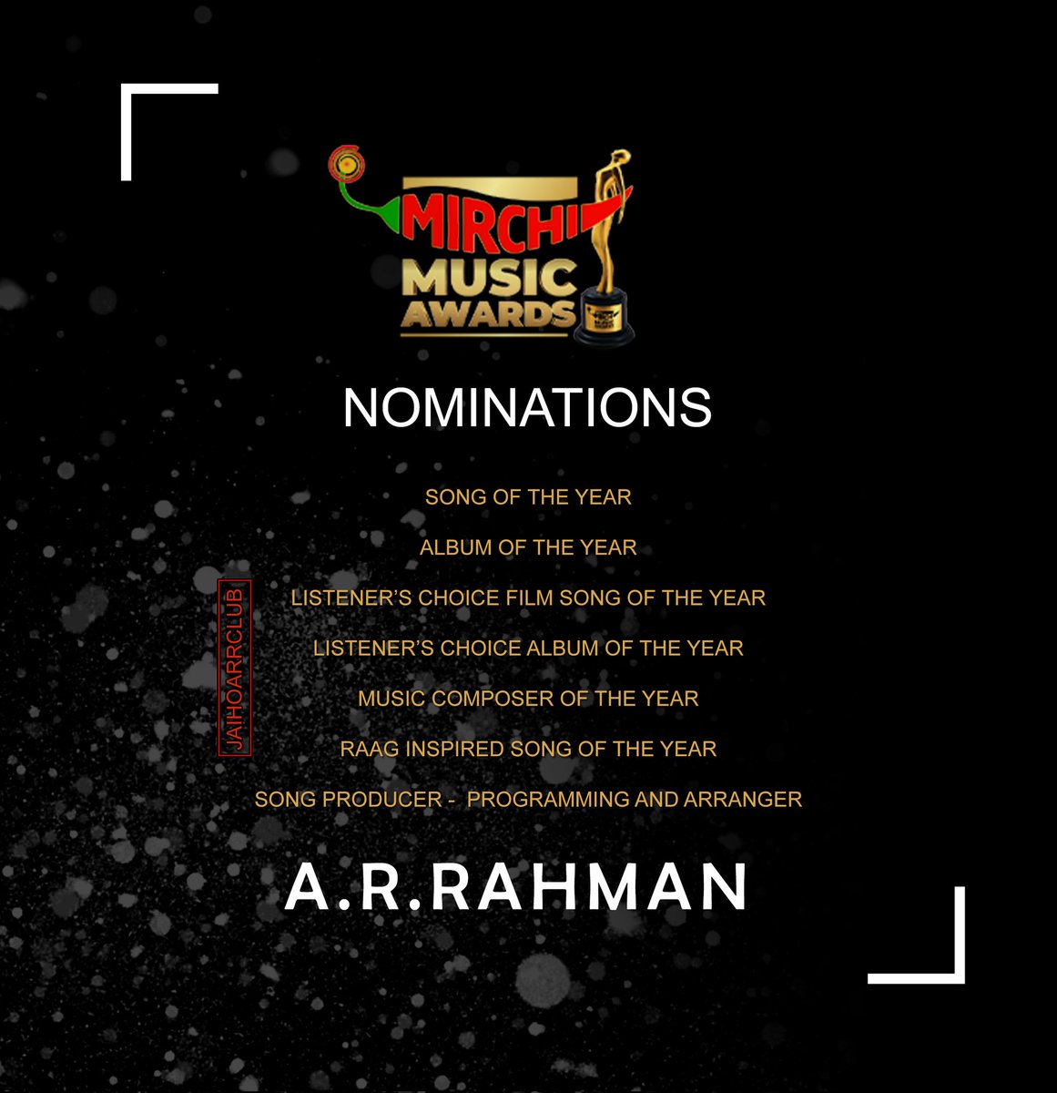 Maestro @arrahman is nominated for 7+ categories at Mirchi Music Awards . 🔥

Albums Nominated:
1. #99Songs
2. #AtrangiRe
3. #DilBechara
4. #Mimi

#MirchiMusicAwards2022