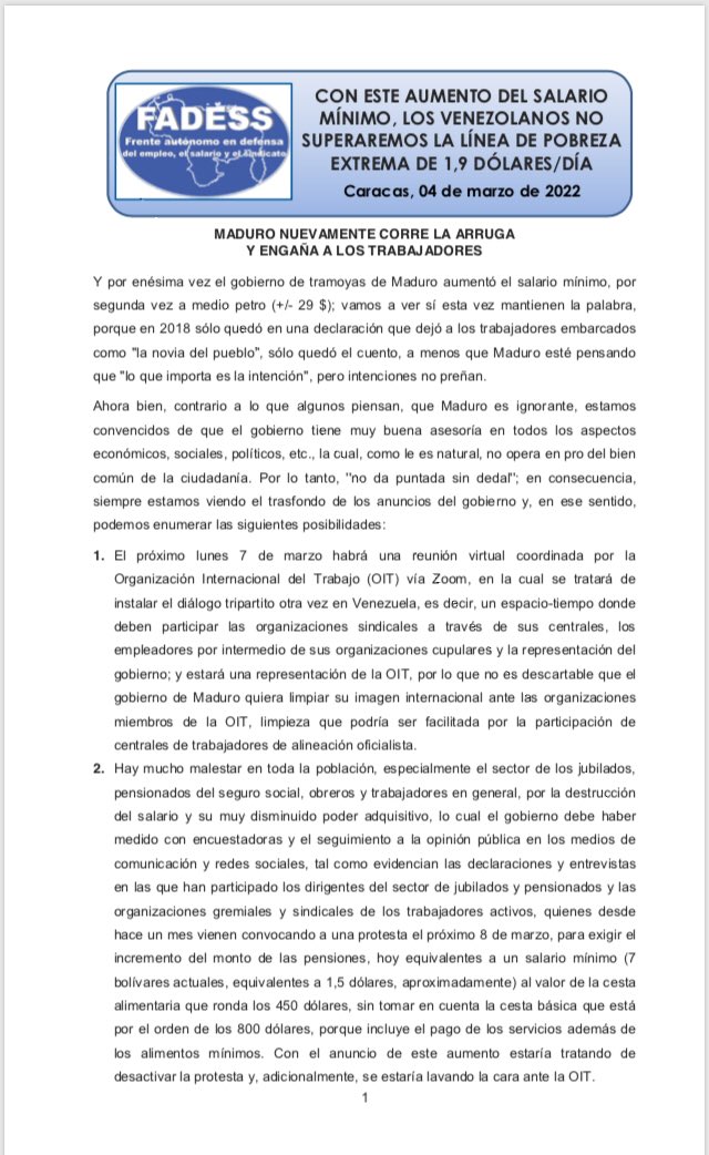 sunepinparques2's tweet photo. #5marzo #FADESS Maduro nuevamente corre la arruga y engaña a los #Trabajadores , con este aumento del #SalarioMinimo los venezolanos no superaremos la línea de #PobrezaExtrema de 1,9 $/D
por enésima vez aumentó el salario mínimo y por segunda vez a medio petro (+/- 29 $) 🚨 https://t.co/a7Is5Z6dng
