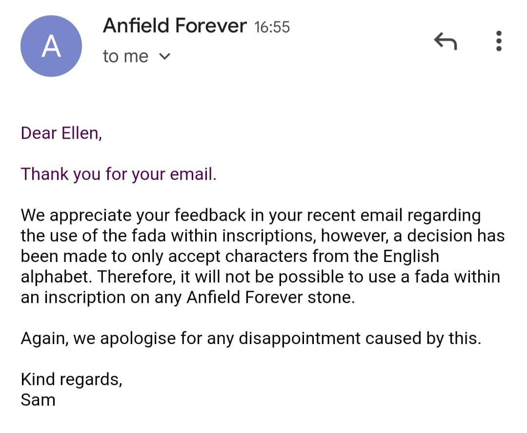 jenniekar's tweet photo. @LFC Trying to order one for our kids on your website but seems you're only catering for the 'English Alphabet'......Not very inclusive from a club with such a worldwide fan base! Hope Jürgen Klopp doesn't want one!👀👀👀 https://t.co/6cHVNF6e4e
