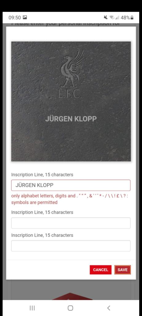 jenniekar's tweet photo. @LFC Trying to order one for our kids on your website but seems you're only catering for the 'English Alphabet'......Not very inclusive from a club with such a worldwide fan base! Hope Jürgen Klopp doesn't want one!👀👀👀 https://t.co/6cHVNF6e4e