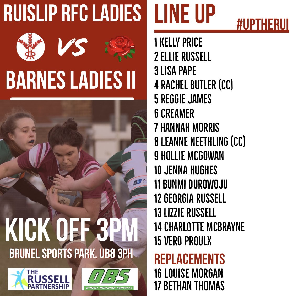 RRFC__Ladies's tweet photo. Here’s our lineup as we face @BarnesRFCwomen tomorrow! Due to waterlogged pitches we will be playing at the 4G pitch at Brunel University Sports Park, Kick off 3pm! We’d love to have as much support as possible as we head into our last few games of the season! https://t.co/1q7VHigxoA