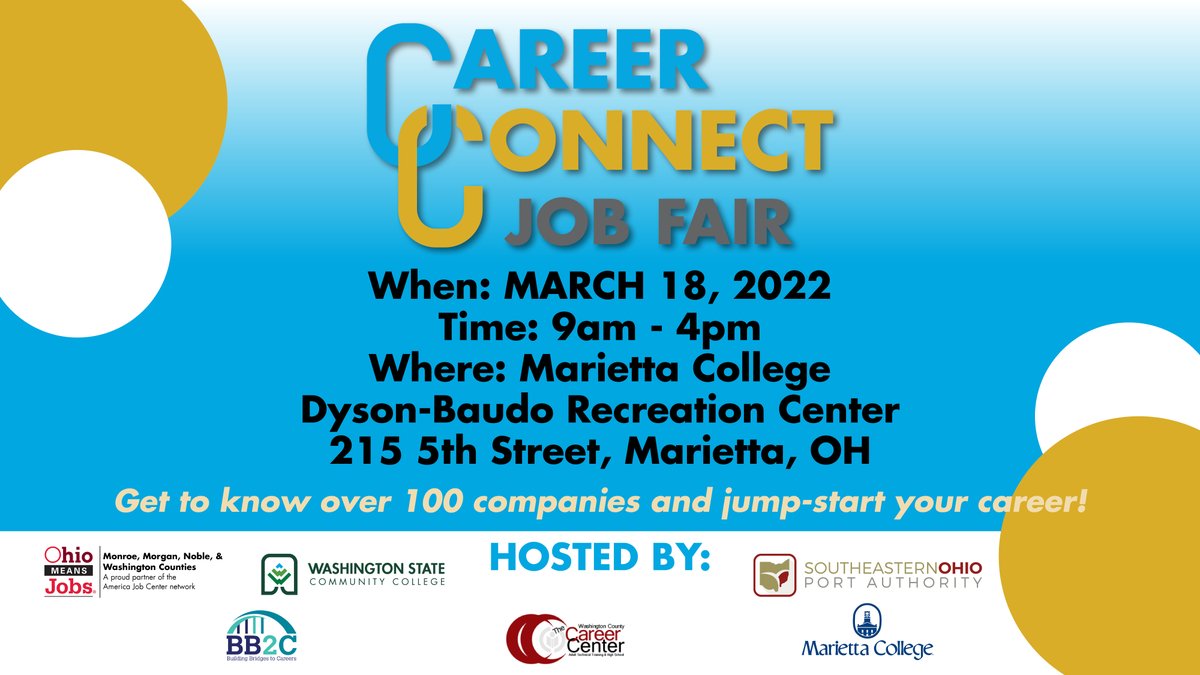 WSCOmarietta's tweet photo. Looking for a job? Make plans to attend the Career Connect job fair. More than 100 employers in one convenient location. Mark your calendar now! #BePrepared #BeWSCC https://t.co/IfB8JBNkyd