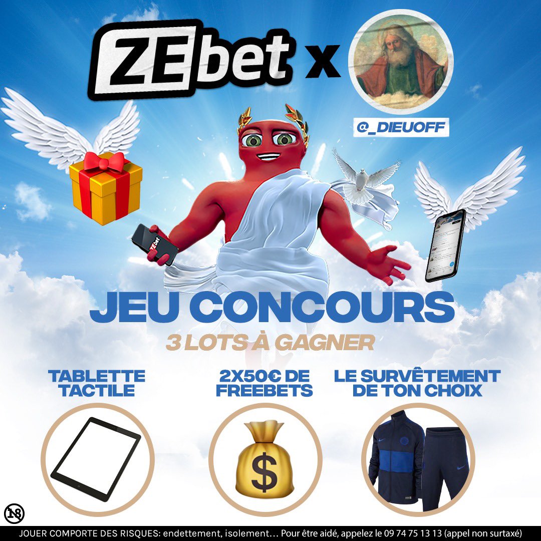 _dieuoff's tweet photo. 🍀 CONCOURS avec @ZEbetFr 🍀

À gagner : 1 IPAD - 2x50€ en Freebets - 1 survêtement de ton choix

Deux gagnants parmi les RT  
Un gagnant parmi les commentaires
Un gagnant parmi les likes 

Pour participer : 
🔄 RT ce tweet
❤️ Follow @ZEbetFr et @_dieuoff https://t.co/9cWmw1KsCe