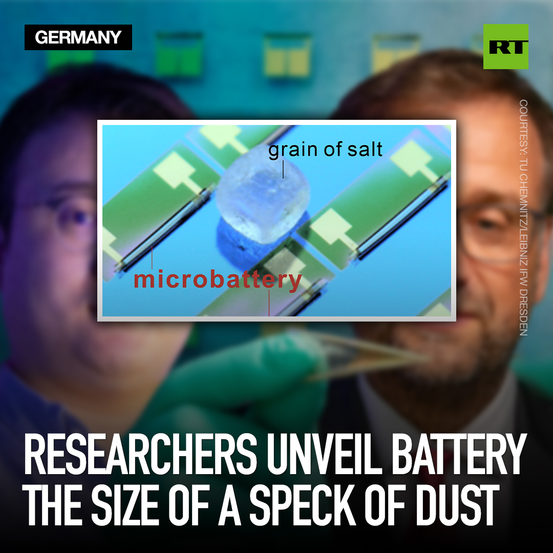 RT_com's tweet photo. A team in Germany has unveiled the world’s smallest battery, so tiny, it’s about the size of a grain of salt. 

The rechargeable micro-battery, produced by the Chemnitz University of Technology, can produce 100 microwatt hours per square centimeter. https://t.co/wQNB7Y3d5I