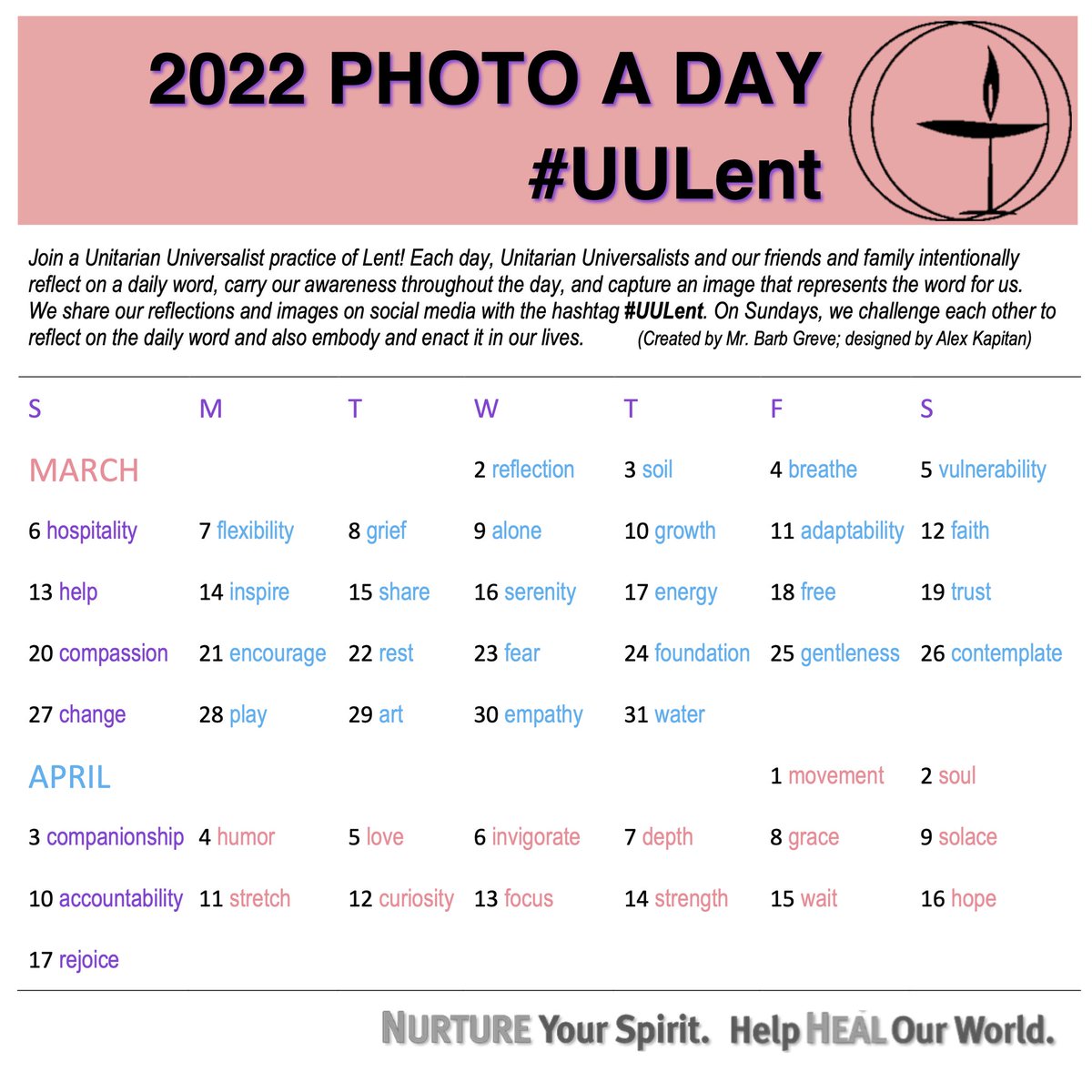 uugrowthlab's tweet photo. Do you know about the Unitarian Universalist 2022 photo a day lent practice?
Check out the hashtag #UULent for related tweets and learn more at https://t.co/BmDTHCWOeV and the UU Lent Facebook page https://t.co/lWJDtQ3X3x https://t.co/BgFpqrVcCw