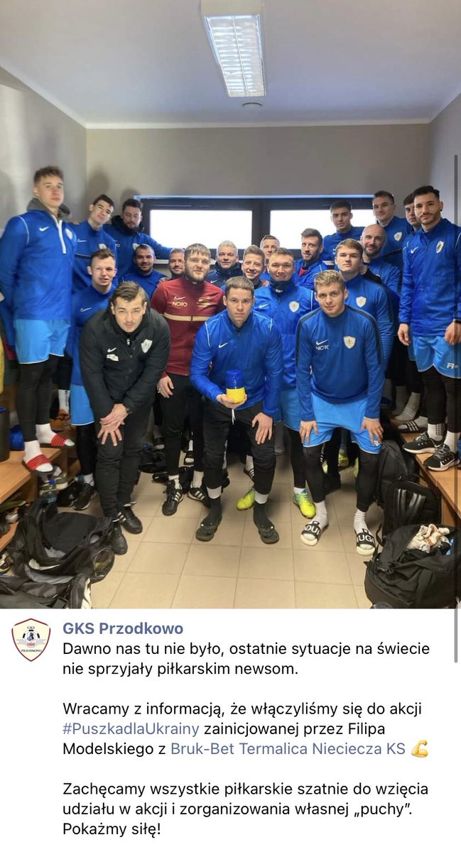 Szatnie z każdego poziomu rozgrywkowego włączają się do akcji #PuszkadlaUkrainy 💪🏻 BRAWO GKS PRZODKOWO 👏🏻 
Fot. GKS Przodkowo/Facebook
<a href="/BB_Termalica/">Bruk-Bet Termalica Nieciecza</a> 
<a href="/CANALPLUS_SPORT/">CANAL+ SPORT</a>