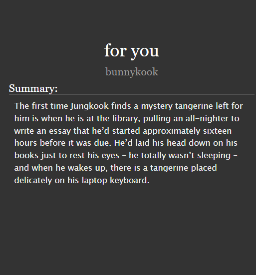 SmallAO3RecsBTS's tweet photo. "for you" by bunnykook
(@bunnykook197)

💎 yoonkook 🐱🐰
💎 w: 4.4K
💎 university au
💎 teen/SFW
💎 humor, love confessions, laundry, tangerines, silly conspiracy theories, shy boys

https://t.co/7ym8UzhplL https://t.co/GxAFxj1UV1