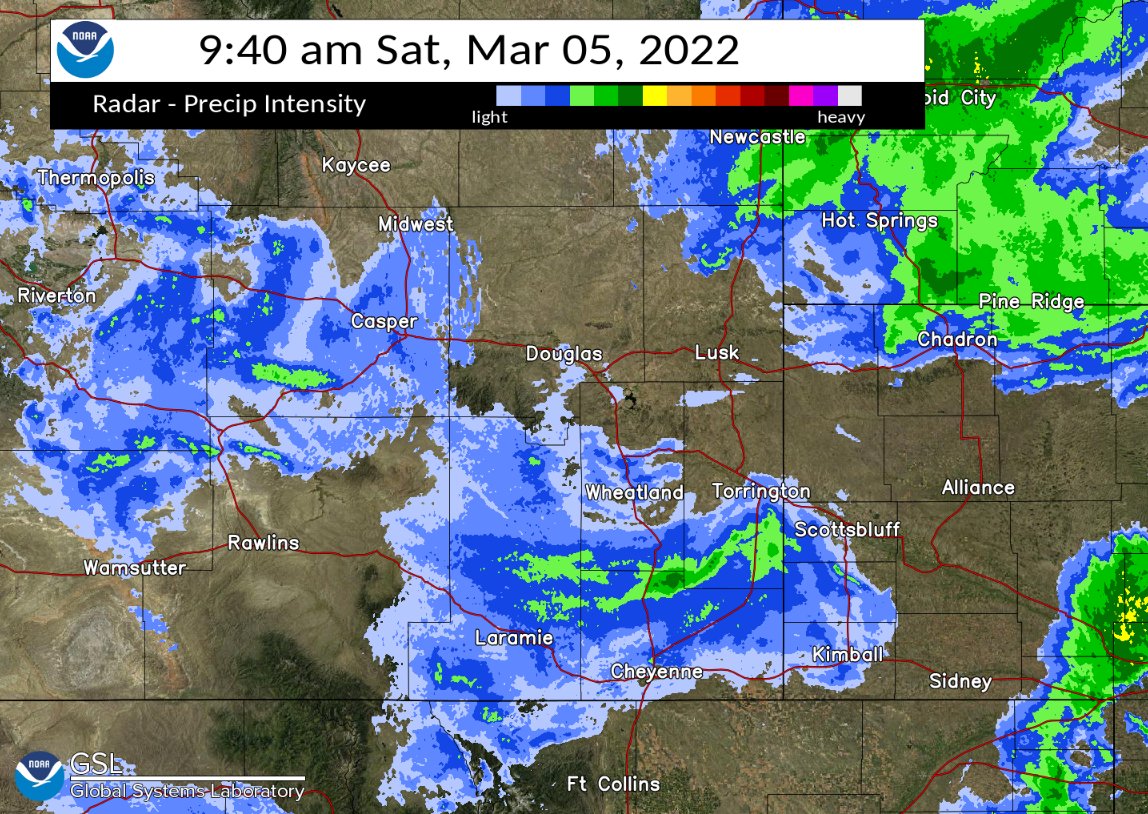 NWSCheyenne's tweet photo. 10 AM 3/5 - Radar Update! Snow showers are continuing this morning. Maintain caution if traveling! #WYwx #NEwx
Road Conditions/Info:
- WY: https://t.co/OOMDJEMVbm #WYOroad
- NE: https://t.co/k7eJNyTd8d #NEroad
Webcam from WYDOT at the Platte/Converse County Line facing North https://t.co/tD7F0OI0Cj