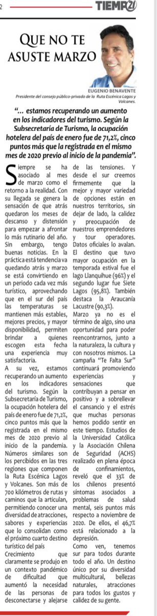 Una nueva realidad y oportunidad para el turismo y en la economia regional.“La columna de <a href="/kenopucon/">Eugenio Benavente</a> “La ruta escénica lagos y volcanes es clave para el desarrollo social y económico de nuestros territorios.Buen trabajo Eugenio Benavente.