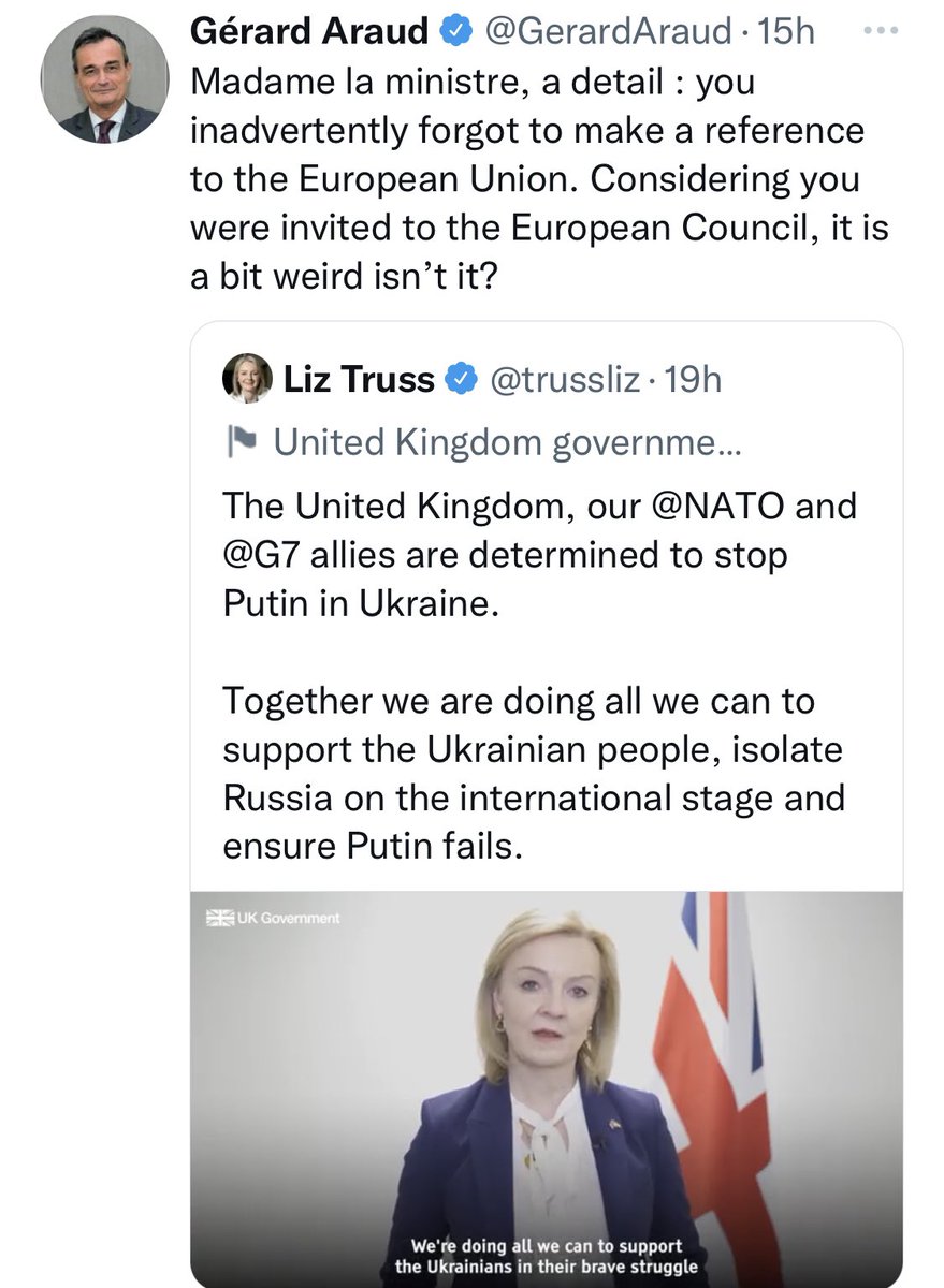 French diplomat calls out <a href="/trussliz/">Liz Truss</a> 

For not saying she was at the European Union 

#BrexitReality