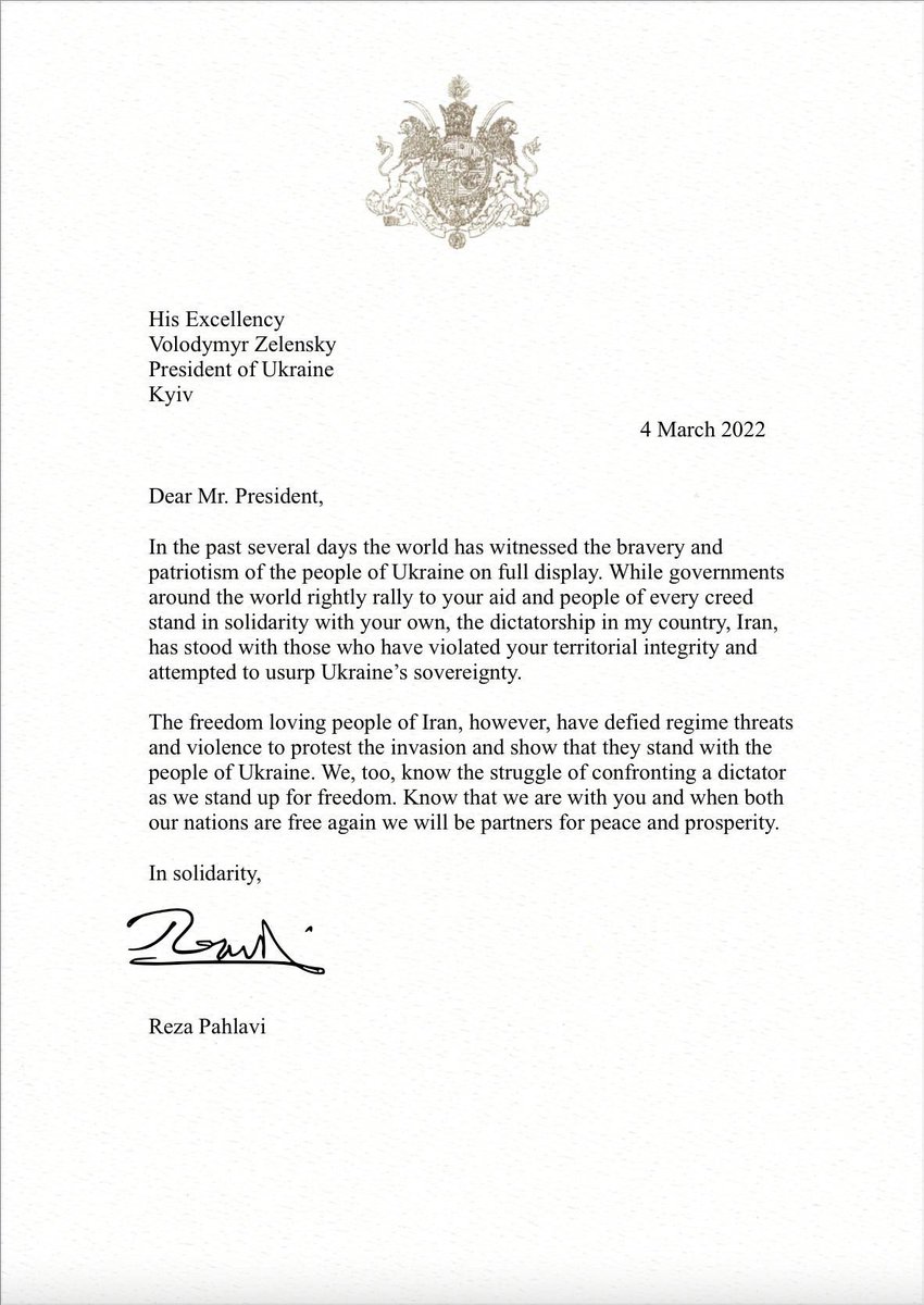 PahlaviReza's tweet image. The people of #Iran stand in solidarity with the people of #Ukraine.

My letter to President @ZelenskyyUa.

@OMarkarova
@SergiyKyslytsya 
@AndriyYermak