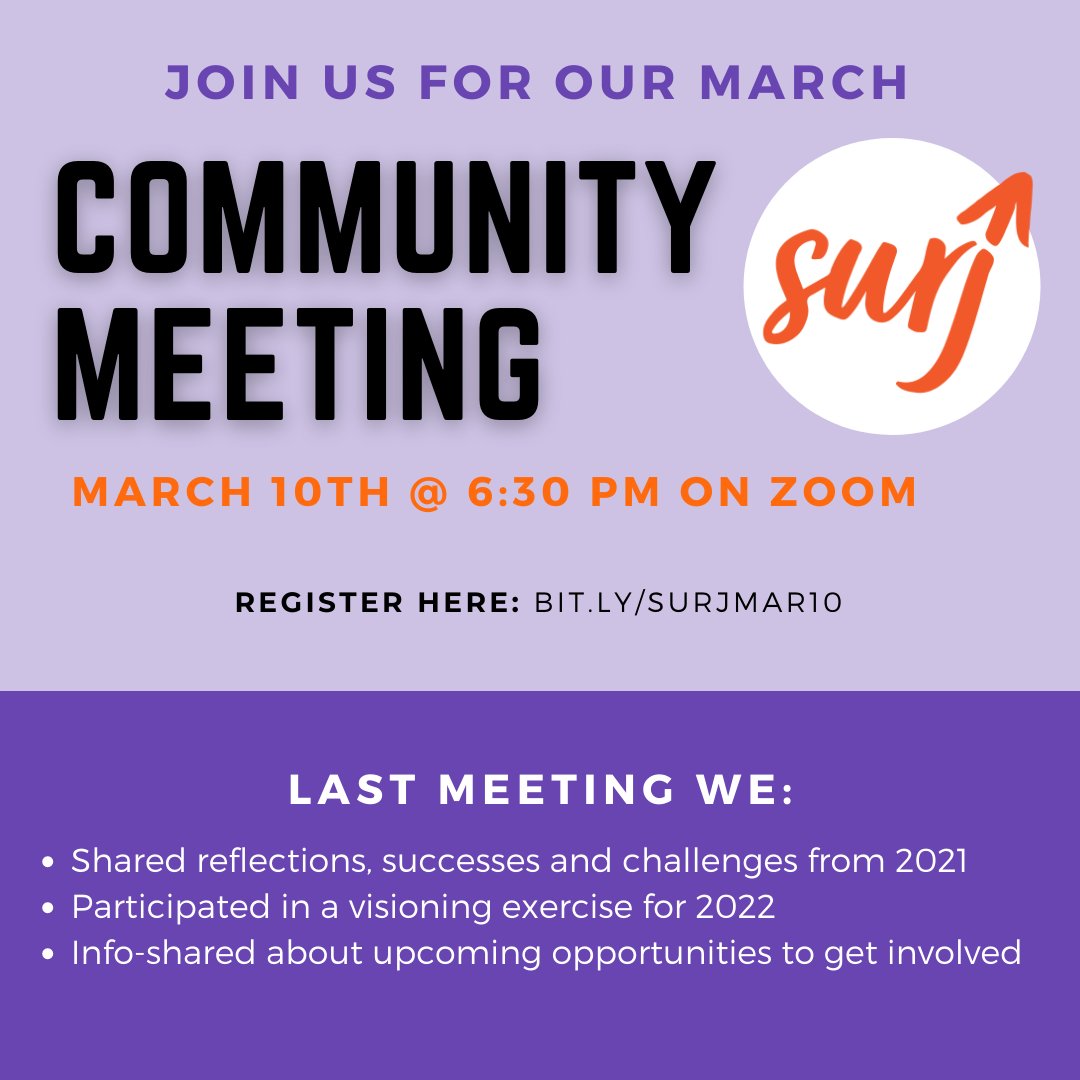 SURJSacramento's tweet photo. Join #SURJSacramento for our March Community Meeting on Thursday, March 10th at 6:30pm! Register here: https://t.co/R4wbWu9l4u https://t.co/4Lud9hfhDE