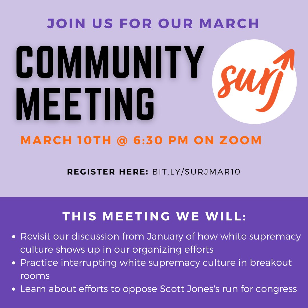SURJSacramento's tweet photo. Join #SURJSacramento for our March Community Meeting on Thursday, March 10th at 6:30pm! Register here: https://t.co/R4wbWu9l4u https://t.co/4Lud9hfhDE