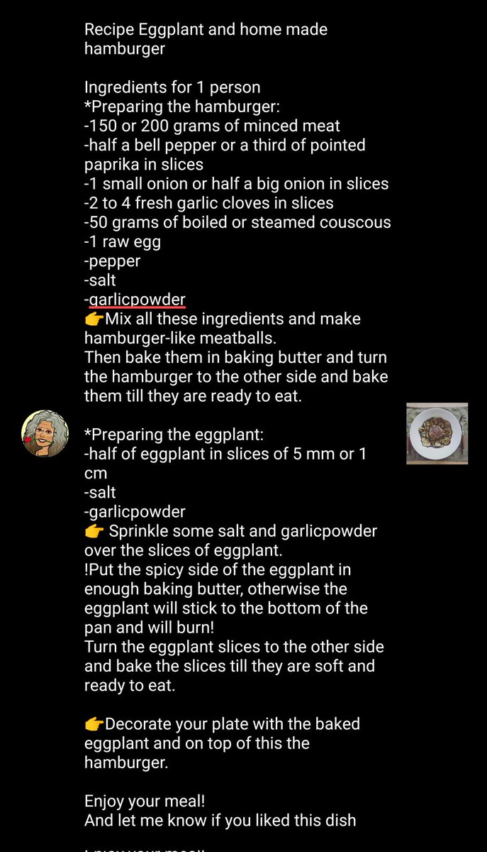eveningroses's tweet photo. Eva-Rose:
Recipe 'Eggplant and home made hamburger'

Ingredients for 1 person 

And let me know if you liked this dish

Recipe &amp; Preparation see pictures below 👇 https://t.co/xd2dhqWfrz https://t.co/wON8mbfxwU