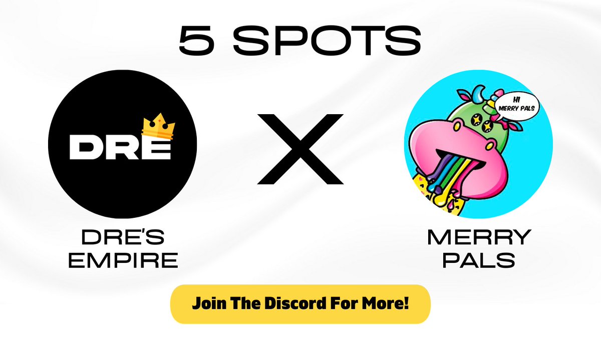🎉Dre's Empire X Merrypals🎉

<a href="/MerryPals/">Merry Pals</a> has given us 5 whitelist spots to giveaway!!! Super new discord and gaining a lot of hype. You do not want to miss out!!

Requirements:
- Like and RT
- Follow 
- Tag 5 friends

Ends in 48 hours!!