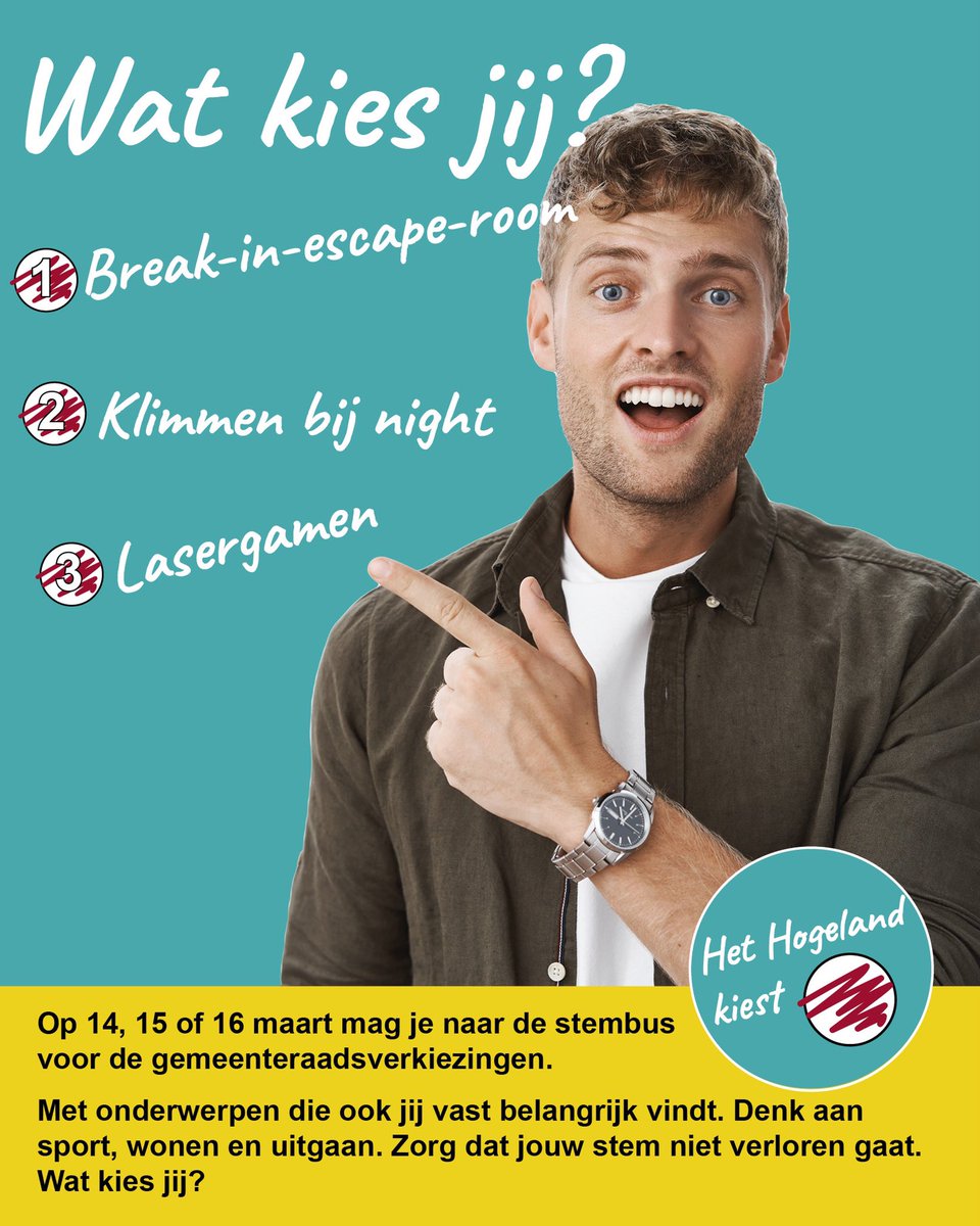 𝗛𝗲𝘁 𝗛𝗼𝗴𝗲𝗹𝗮𝗻𝗱 𝗸𝗶𝗲𝘀𝘁 | Je hoeft hier niet te delen op welke partij je gaat stemmen. Wel wat je leuk lijkt om samen met 4 vrienden te doen bij <a href="/Waddenfun/">Adventure Waddenfun</a>! Laat hier je keuze achter, klik op retweet (zodat je vrienden ‘t ook zien) en maak kans op een gratis uitje!