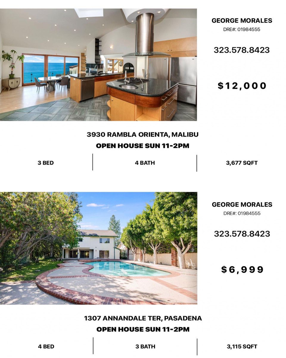 jorlara's tweet image. 4 Open 🏡 🏡 🏡 🏡 💥Open House, Sunday 11am-2pm for Sale: 1663 &amp;amp; 1655 Sargent Ct. LA💥
💥Open House, Sunday 11am-2pm for Lease: 3930 Rambla Orienta in Malibu &amp;amp; 1307 Annandale Ter. in Pasadena 💥
GeorgeLA.com for more info!
#kwbh #Malibu #dodgers #lease #pasadena