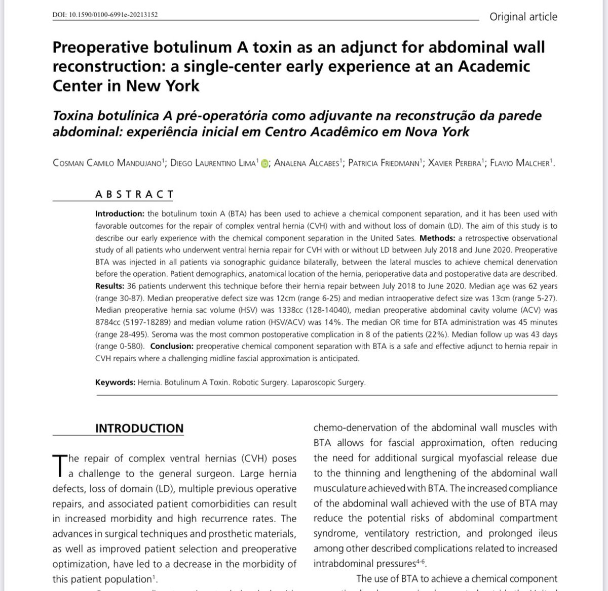 DiLaurentino's tweet photo. Hot out of the oven 🔥 our manuscript published at the journal of the Brazilian college of surgeons. Congratulations to all authors led by @flavio_malcher ! @Xman411 @analenaalcabes @cmanbe #SoMe4Surgery #gensurg @MontefioreSurg https://t.co/xdZywaEe8w https://t.co/YBgF5R9Md9