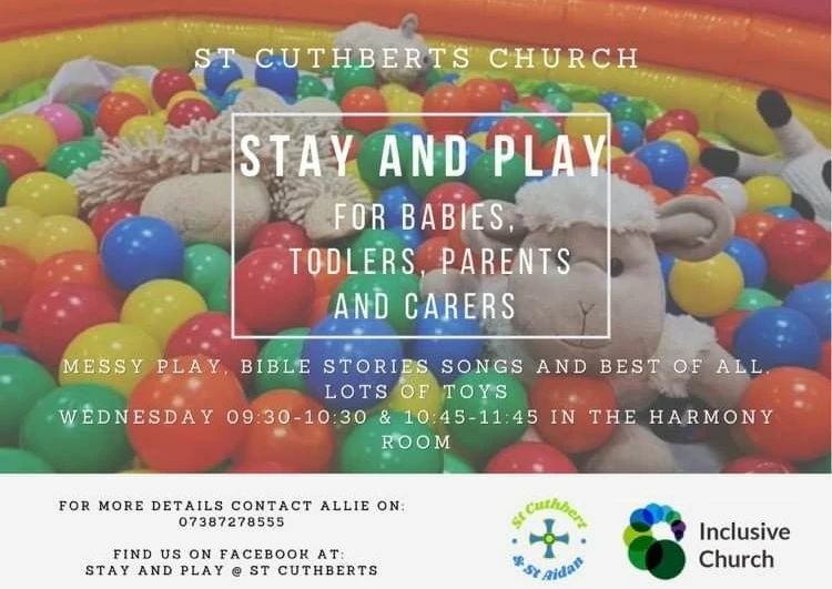 We run a Stay and Play group every Wednesday in the Harmony Room at St Cuthbert's Church. We have two sessions 9.30-10.30 &amp; 10.45-11.45. Free flow play, bible stories and lots of toys. The sessions are free and you are welcome to attend our community caf… instagr.am/p/CauwtlcI8-e/