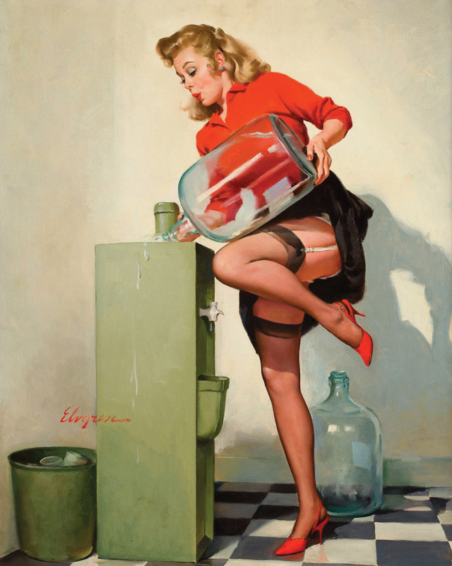 sydurbanek's tweet photo. I love this subset of pin-up art by Gil Elvgren that's just Woman So Bad at Task That She’s Flashing Us https://t.co/YKQhLVS55z