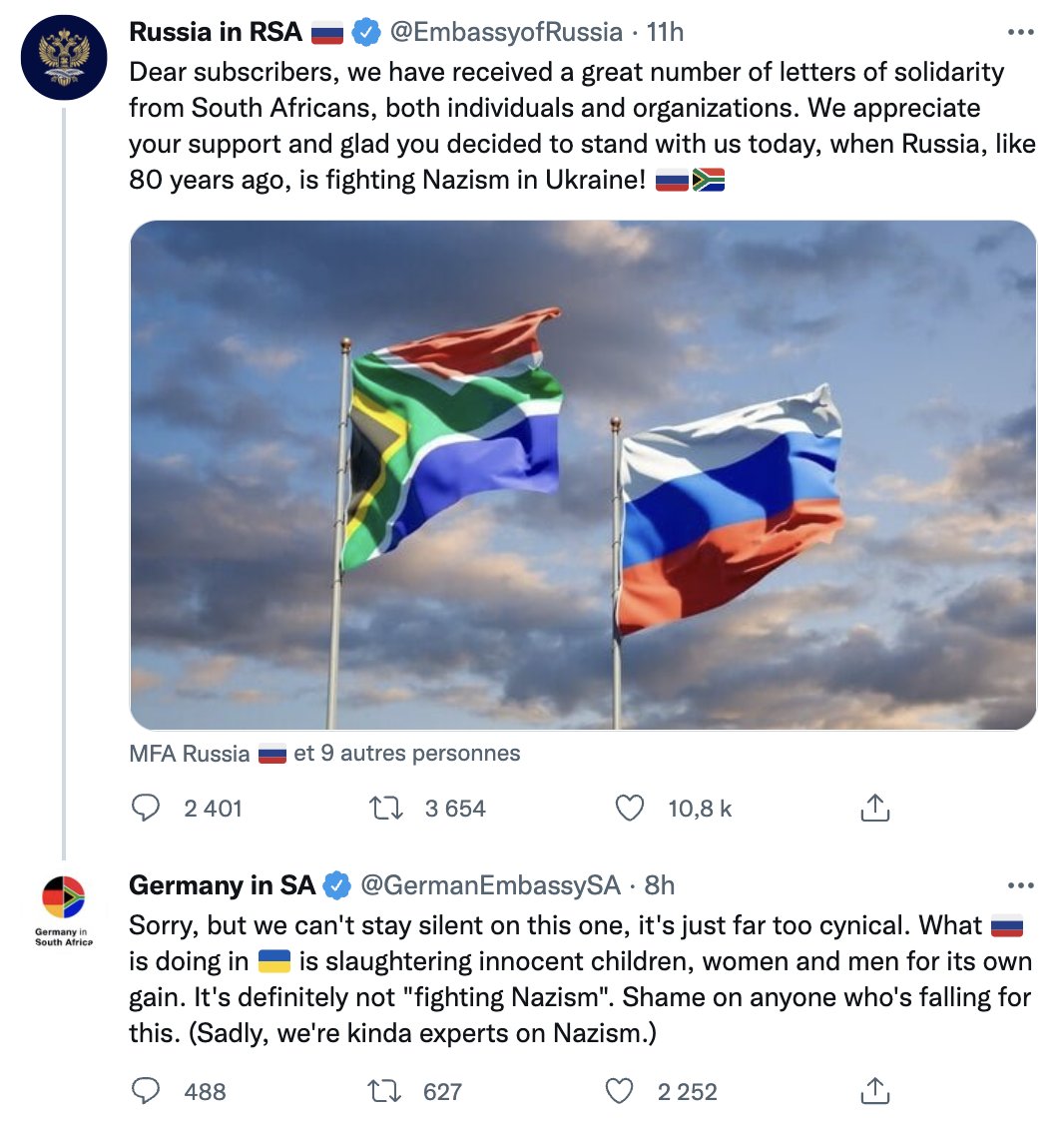 L'Ambassade russe en Afrique du Sud: "Comme il y a 80 ans, nous combattons le nazisme".

L'Ambassade allemande en Afrique du Sud: "Vous massacrez des innocents, vous ne combattez pas le nazisme. (Et malheureusement, on s'y connait en nazisme)."