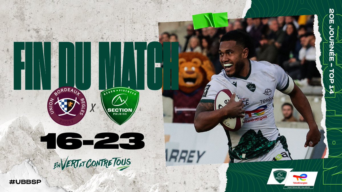 𝐕𝐈𝐂𝐓𝐎𝐈𝐑𝐄 !!!
Énorme match de la Section qui s’impose chez le leader bordelais !

Bravo aux joueurs et merci à nos supporters ayant fait le déplacement !
#UBBSP #TOP14 #HonhaSection #EnVertEtContreTous