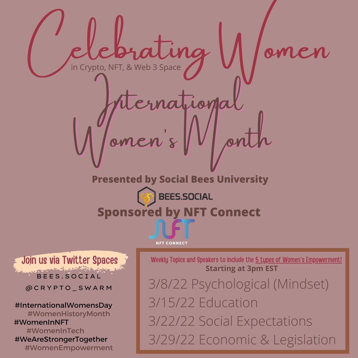 Crypto_Swarm's tweet photo. We're inviting you to attend our International Women’s Month Twitter space event. Celebrating Women in #Crypto, #NFTs, &amp; #Web3

💛 The event is presented by Bees Social University &amp; sponsored by NFT Connect.

We will host 4️⃣ Twitter spaces  Starting on March 8th https://t.co/skdSE0GwFa