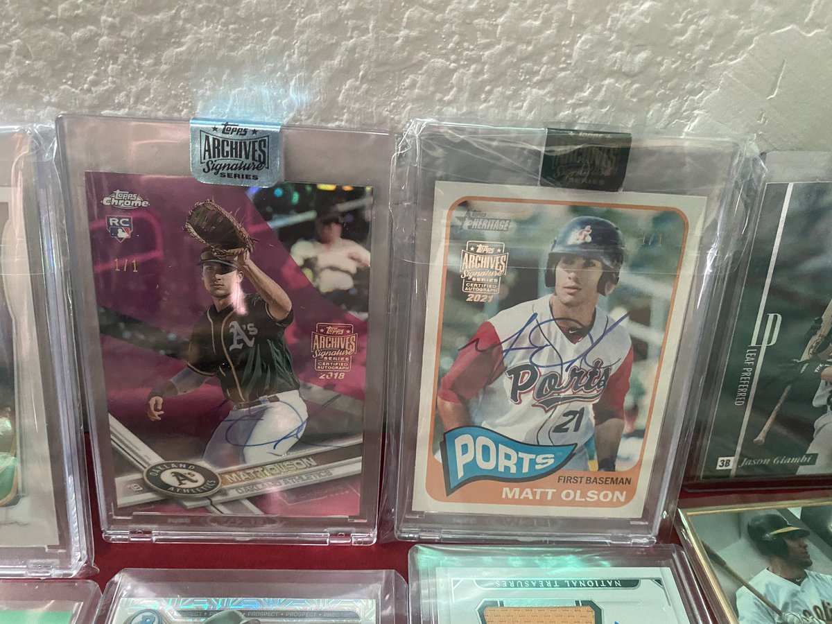 CardsandJ's tweet image. I don’t always buy 1/1s but when I do you can bet your ass it’s probably a @mattolson21 I set him right next to his 1/1 RC friend. #miniflex #hobby #wanderwho