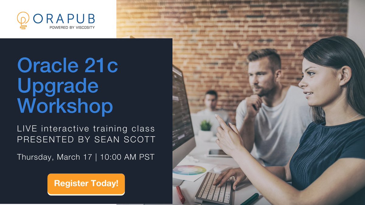 ViscosityNA's tweet image. Get hands-on experience on the Oracle 21c Upgrade Workshop, March 17!
You will gain valuable, hands-on experience upgrading an existing non-container database to Oracle Database 21c.
Learn more & register here: orapub.com/training-21c-u…
#oracle21c #oracledba #oracleace #OraPub
