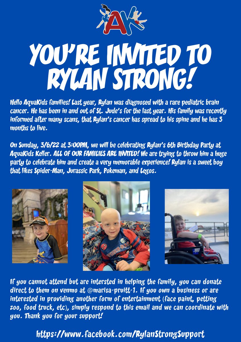 AquaKids's tweet photo. @dfwchild @DFWCHILDSUPPORT @Dallas_Realty @dallasnews @DallasPD Sunday 3/6 3pm-6pm we are hosting an event for Rylan. Last year he was diagnosed with brain cancer. His family was informed this week that he has 3 months to live. Reaching out, asking for your support! #rylanstrong https://t.co/ZbCac7ut0S