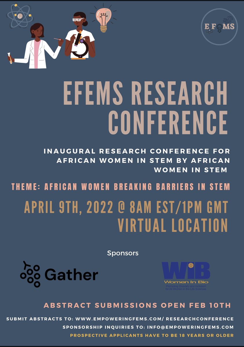 EmpoweringFeMS's tweet photo. Abstract submissions are still open for the EFeMS Research Conference! This event is sponsored by @gather_town and @WomenInBio ✨

This is a great opportunity to share your research and network with other African women in STEM!

Register at https://t.co/dOdQUiLlkT https://t.co/gUSyOkt95g
