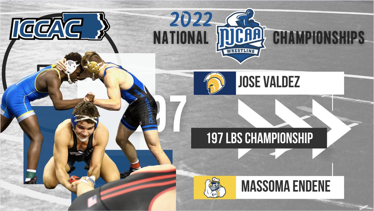 WREST 🤼
NATIONAL CHAMPIONSHIPS
TO THE FINALS | 197 LBS

Another all-ICCAC Final! 
 
Jose Valdez (NIACC) will take on Massoma Endene (Iowa Lakes) at 197 lbs. 

Valdez was the 2021 runner up. Endene was a 174 lbs All-American.

#NJCAAWrestle
